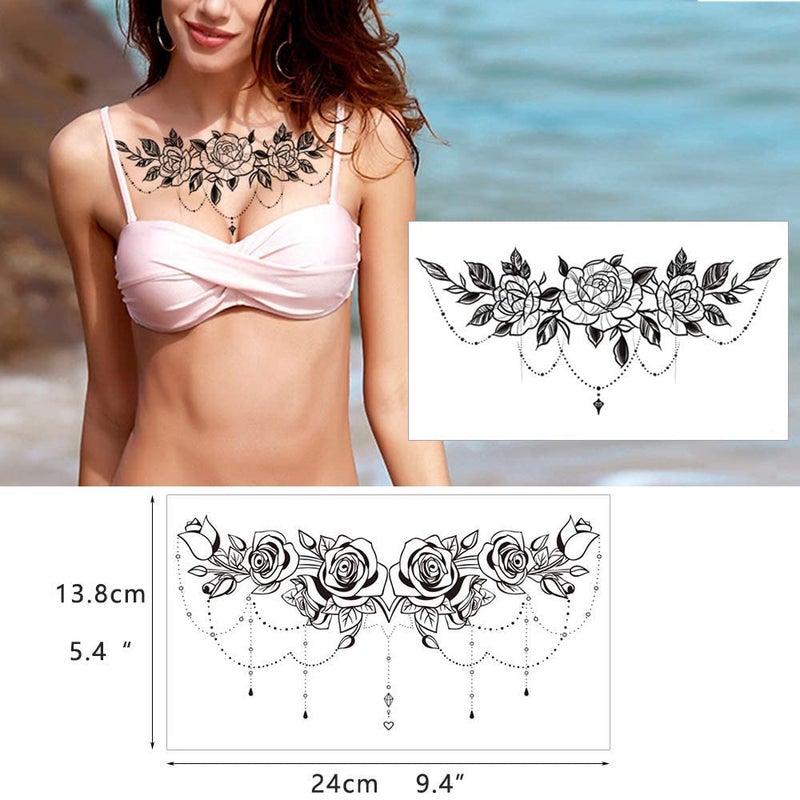 Glaryyears Chest Underboob Temporary Tattoos for Women Adult, 6 Pack Black Fake Realistic Large Long Lasting Creative Removable Tattoo Stickers, Sexy Rose Flower Tramp Stamp Sketch on Body - Image 5