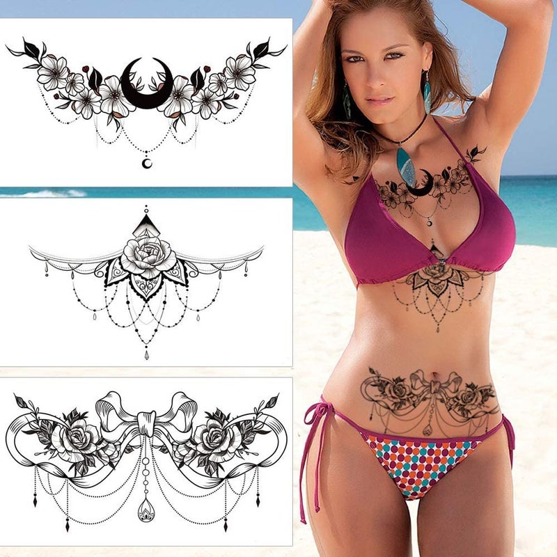 Glaryyears Chest Underboob Temporary Tattoos for Women Adult, 6 Pack Black Fake Realistic Large Long Lasting Creative Removable Tattoo Stickers, Sexy Rose Flower Tramp Stamp Sketch on Body - Image 3