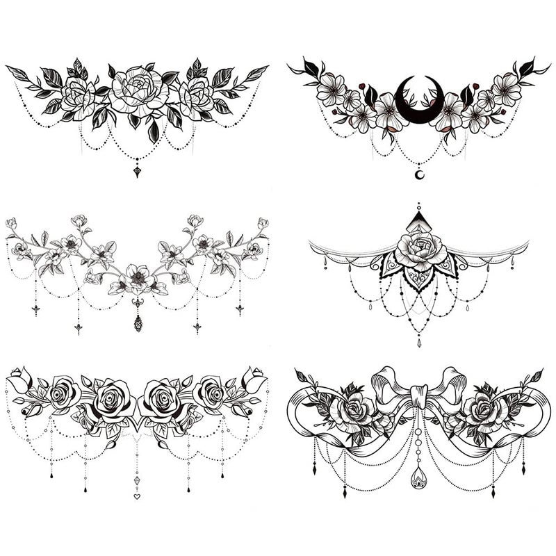 Glaryyears Chest Underboob Temporary Tattoos for Women Adult, 6 Pack Black Fake Realistic Large Long Lasting Creative Removable Tattoo Stickers, Sexy Rose Flower Tramp Stamp Sketch on Body - Image 1