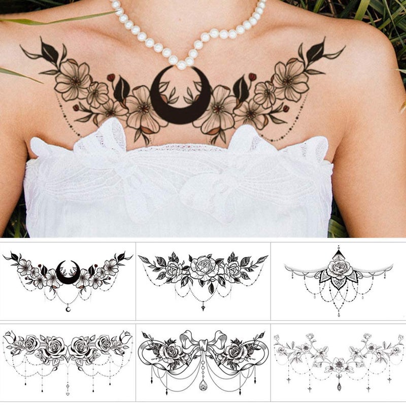 Glaryyears Chest Underboob Temporary Tattoos for Women Adult, 6 Pack Black Fake Realistic Large Long Lasting Creative Removable Tattoo Stickers, Sexy Rose Flower Tramp Stamp Sketch on Body - Image 2