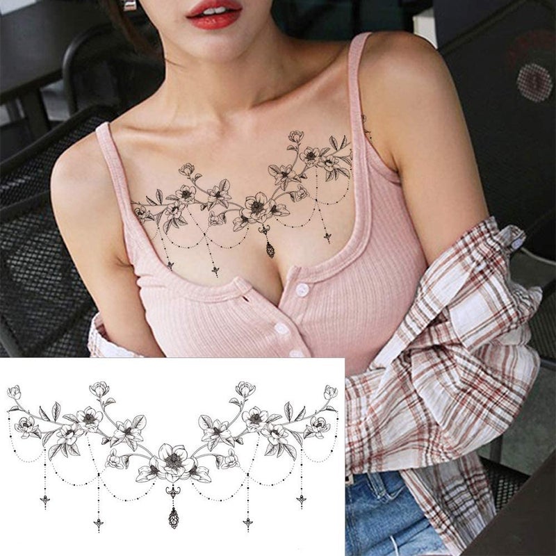 Glaryyears Chest Underboob Temporary Tattoos for Women Adult, 6 Pack Black Fake Realistic Large Long Lasting Creative Removable Tattoo Stickers, Sexy Rose Flower Tramp Stamp Sketch on Body - Image 4