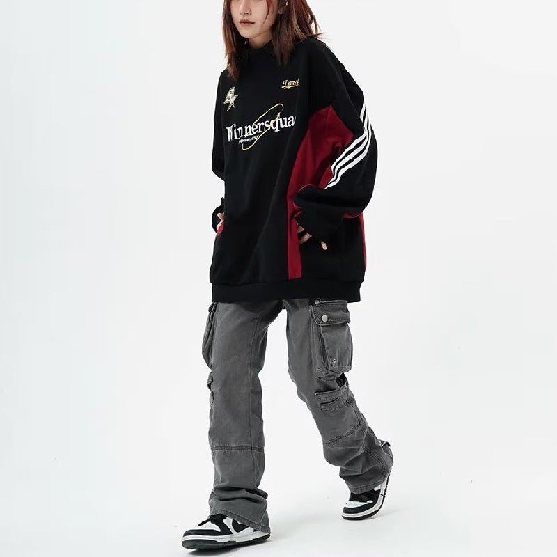 Generic Mens Autumn High-Street Hoodie Colorblock Loose-Fit Racing Jacket suit - Image 2