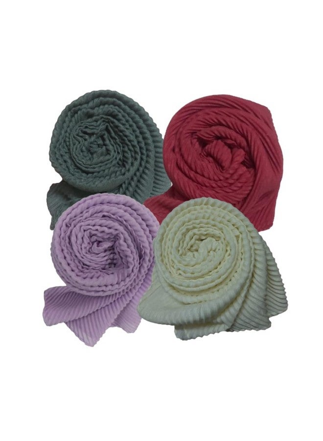 Womenâ'S Pleated Ironless Crush Cotton Muslim Hijab Combo Of 4 Summer Shawl/Duppatta/Stoles/Head Scarves For Girls (Bottle Green, Red, Lavender, Half White), Female  - Image 1