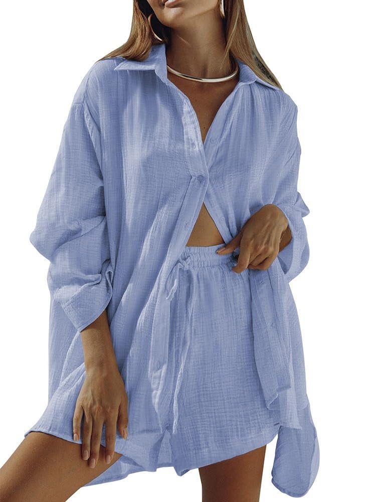 Fixmatti 2 Piece Short Set for Women Summer Shirt with Shorts Button Up Blouse High Waisted Mini Shorts Sweatsuit Blue M - Image 1