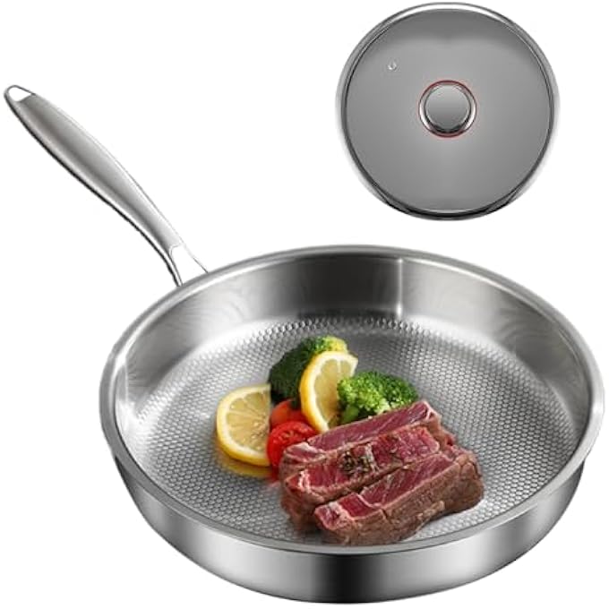 ELECDON Mivceklw Nonstick Frying Pan With Lid  Titanium Alloy NonStick Skillet Scratch Resistant  Even Heat Distribution For Induction Electric Stove Home Kitchen  Camping Stainless Steel - Image 2