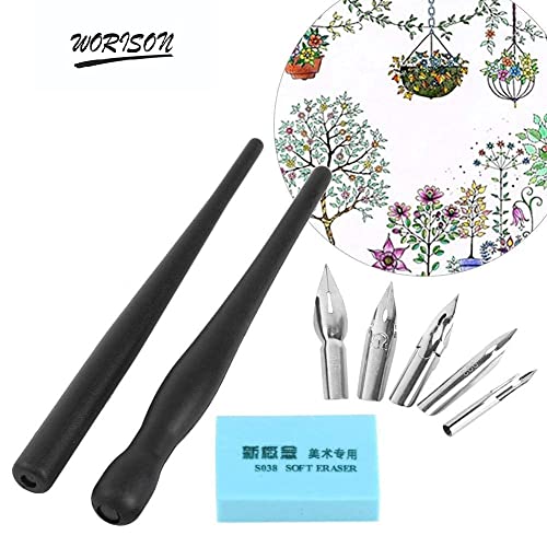 worison Cartoon Comic Dip Pen Set Calligraphy Pen With 5 Nibs&Eraser,Black - Image 2