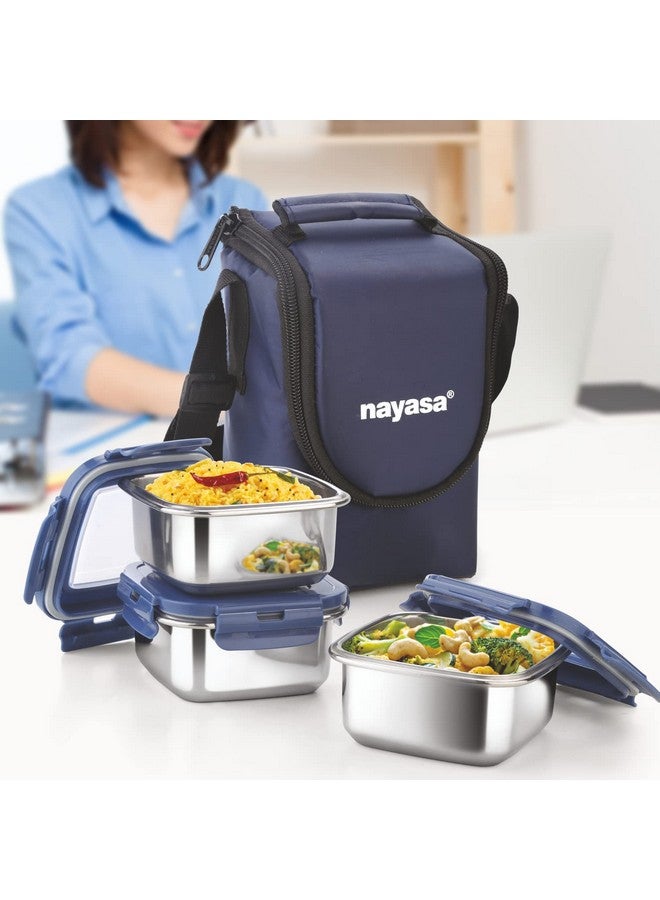 NAYASA Nayasa Eco Crunch 3 Lunch Box with 3 Containers of 300 ml Each, Ziper Pouch, Airtight & Leak Proof Lid, 4 Side Lock, Ideal for School/College/Office, Full Meal & Easy to Carry, Blue  - Image 4