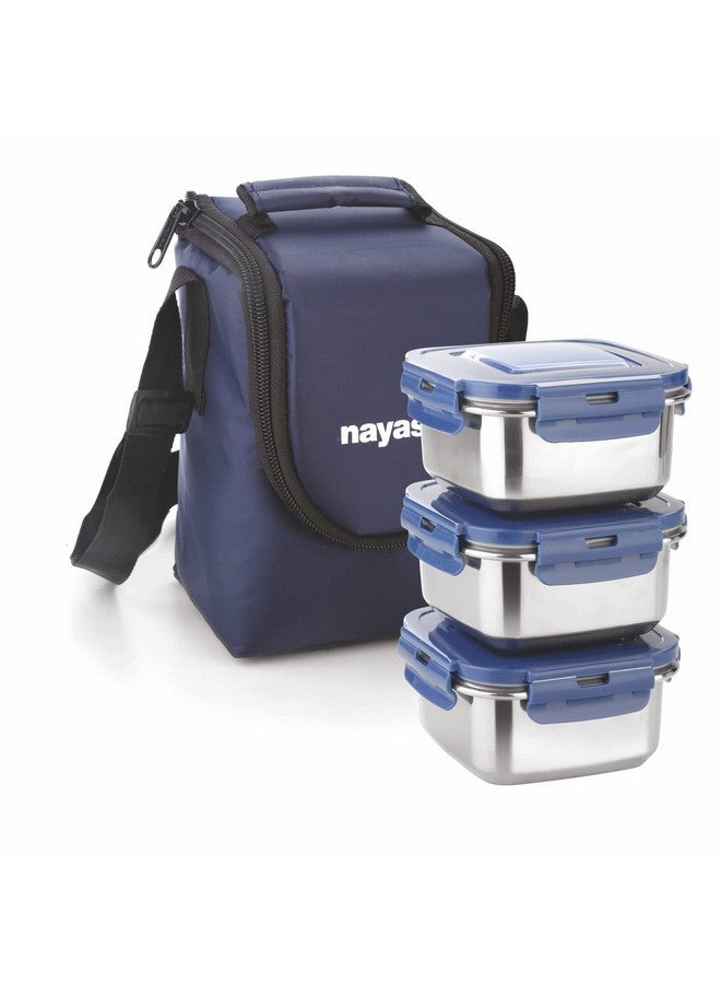 NAYASA Nayasa Eco Crunch 3 Lunch Box with 3 Containers of 300 ml Each, Ziper Pouch, Airtight & Leak Proof Lid, 4 Side Lock, Ideal for School/College/Office, Full Meal & Easy to Carry, Blue  - Image 1