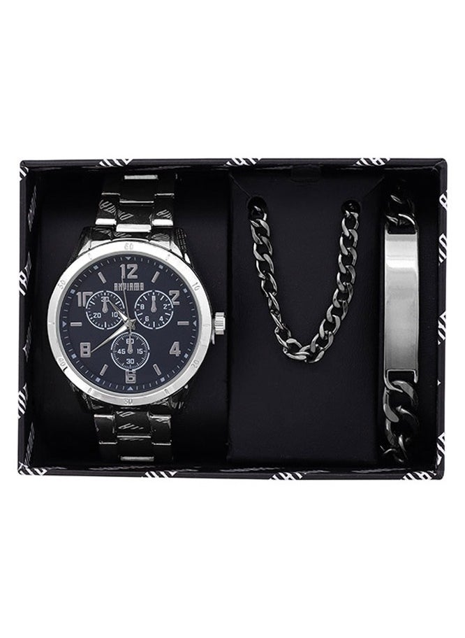 ANDIAMO Men's Analog Silver Case Silver Metal Strap Set Watch 