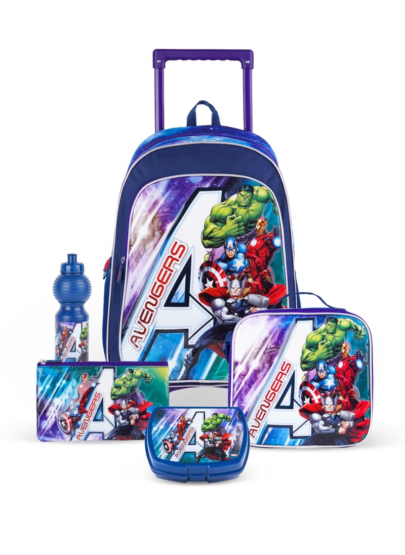 MARVEL - Marvel Avengers 5 in 1 School Trolley Set with Backpack and Accessories - 18 Inch, Thermal Lunch Bag, Water Bottle, Pencil Case, and Lunch Box - Image 1