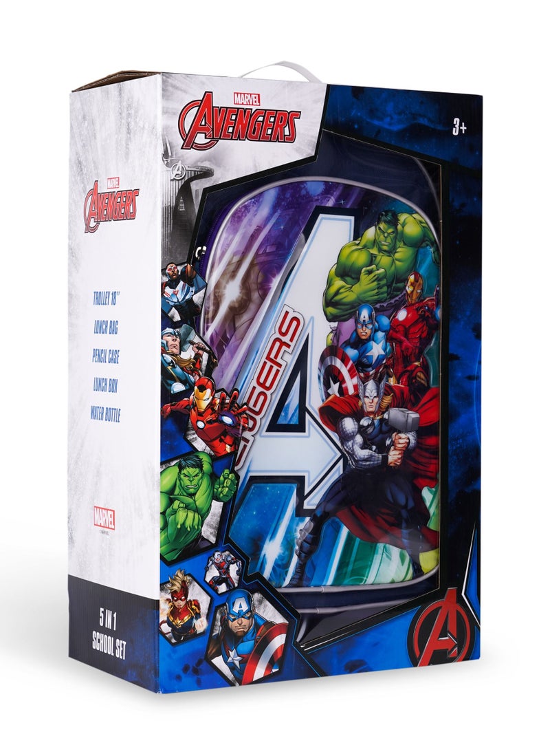 MARVEL - Marvel Avengers 5 in 1 School Trolley Set with Backpack and Accessories - 18 Inch, Thermal Lunch Bag, Water Bottle, Pencil Case, and Lunch Box - Image 1