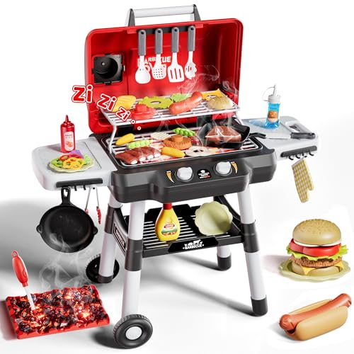 Zsinb Kids Play Kitchen Toys Kids BBQ Grill Playset2Tier Barbecue Toy with Wheels Smoke Sound Light Outdoor Play Food Toys Cooking Set Birthday Gift for Toddlers 35 - Image 1