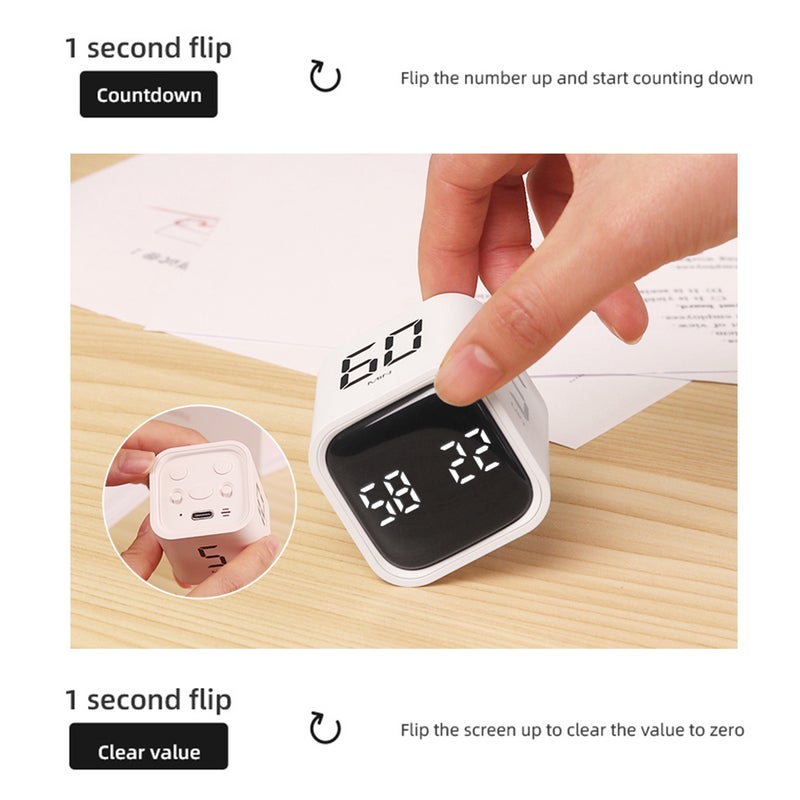 Portable Cube Timer Gravity Sensor Rotating Timer Count Up/Down Function Clock 5/10/30/60 Minutes and Custom with LED Screen Vibrate and Sound Alarm Silent Operation for Kids Kitchen Time Management - Image 4