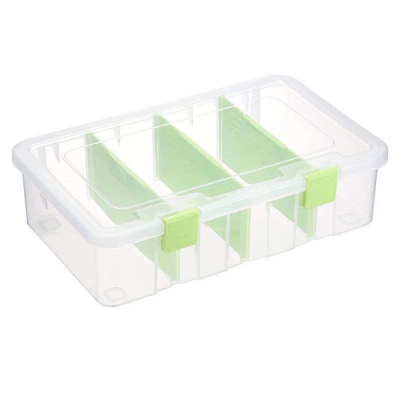 BTSKY Clear Plastic Dividing Storage Box with 4 Compartments Adjustable Storage Bin with Lid Plastic Craft Storage Container Multipurpose Sewing Box Art Supply Organizer, 13.3x8.1x3.4 Inches, Green - Image 1