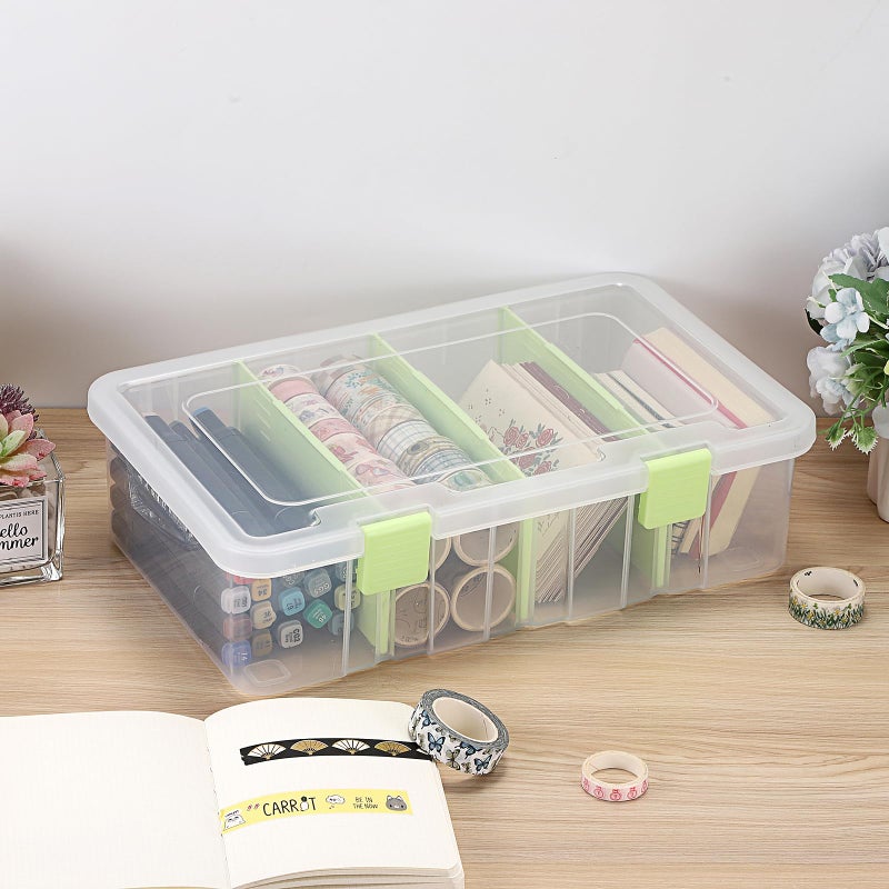 BTSKY Clear Plastic Dividing Storage Box with 4 Compartments Adjustable Storage Bin with Lid Plastic Craft Storage Container Multipurpose Sewing Box Art Supply Organizer, 13.3x8.1x3.4 Inches, Green - Image 2