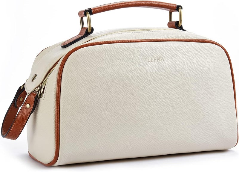 Telena Travel Toiletry Bag Makeup Cosmetic Bags for Women Waterproof PU Leather Toiletry Organizer Portable Large Capacity Beige with Brown - Image 1