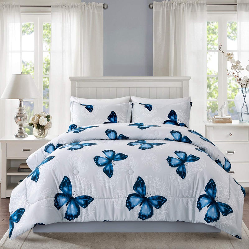ARTALL Lightweight Microfiber 3 Piece Comforter Set with 2 Shams Butterfly Pattern Bedding Set FullQueen Blue
