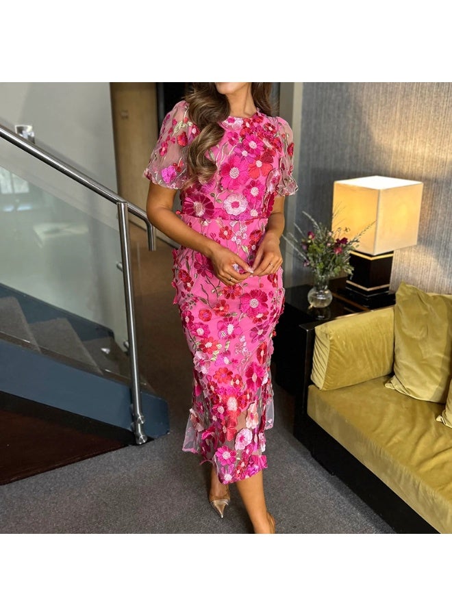 NIBEMINENT فستان تخرج ربيعي فاخر خفيف من الدانتيل مع زهور ثلاثية الأبعاد فستان عطلة أنثوي بأكمام منتفخة بطول متوسط ملفوف حول الورك ذيل سمكة - Image 1