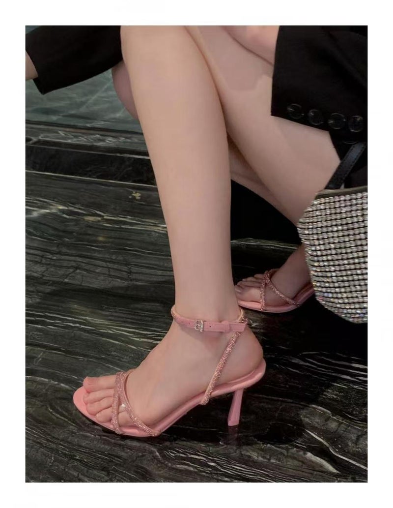 Celebrity Rhinestone Hollow Sandals, Elegant Ring Cross Strap High Heels, Open Toe Buckle Stiletto Shoes - Image 1