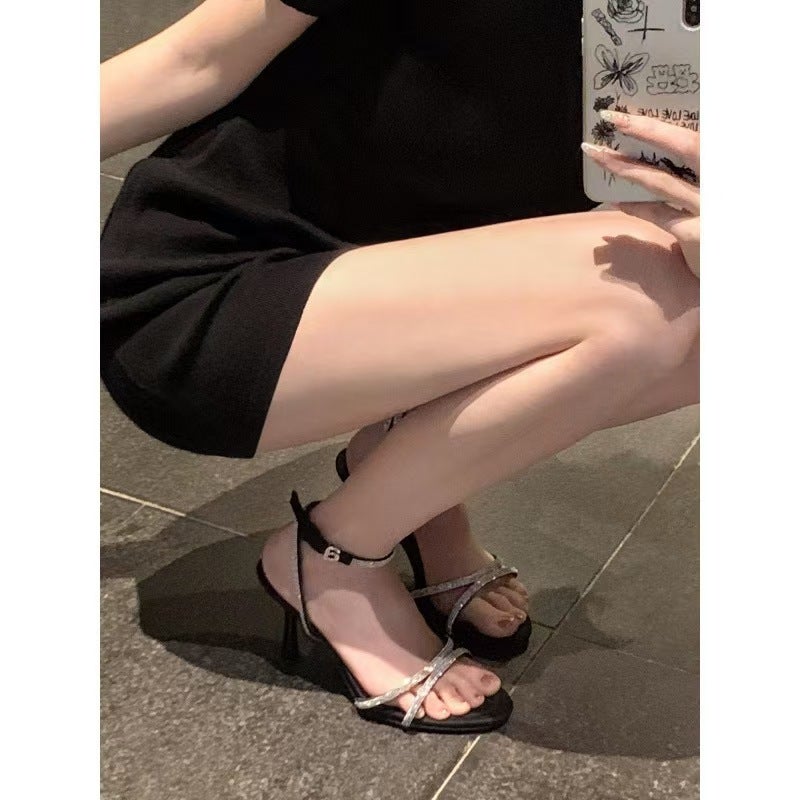 Celebrity Rhinestone Hollow Sandals, Elegant Ring Cross Strap High Heels, Open Toe Buckle Stiletto Shoes - Image 4