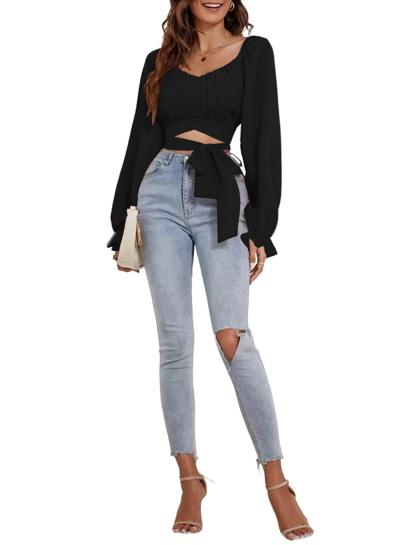 Rooscier Women's Ruched Wrap Square Neck Flounce Long Sleeve Self Tie Crop Top Blouse Solid Black Medium - Image 4