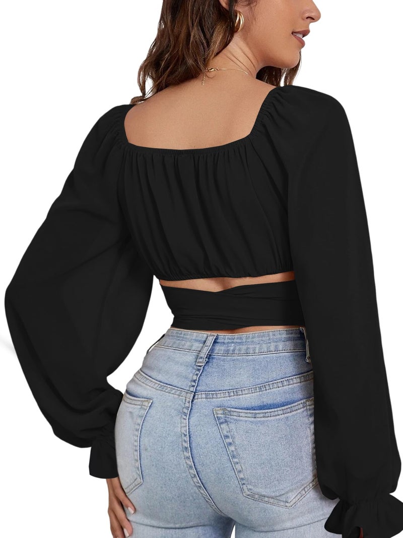 Rooscier Women's Ruched Wrap Square Neck Flounce Long Sleeve Self Tie Crop Top Blouse Solid Black Medium - Image 2
