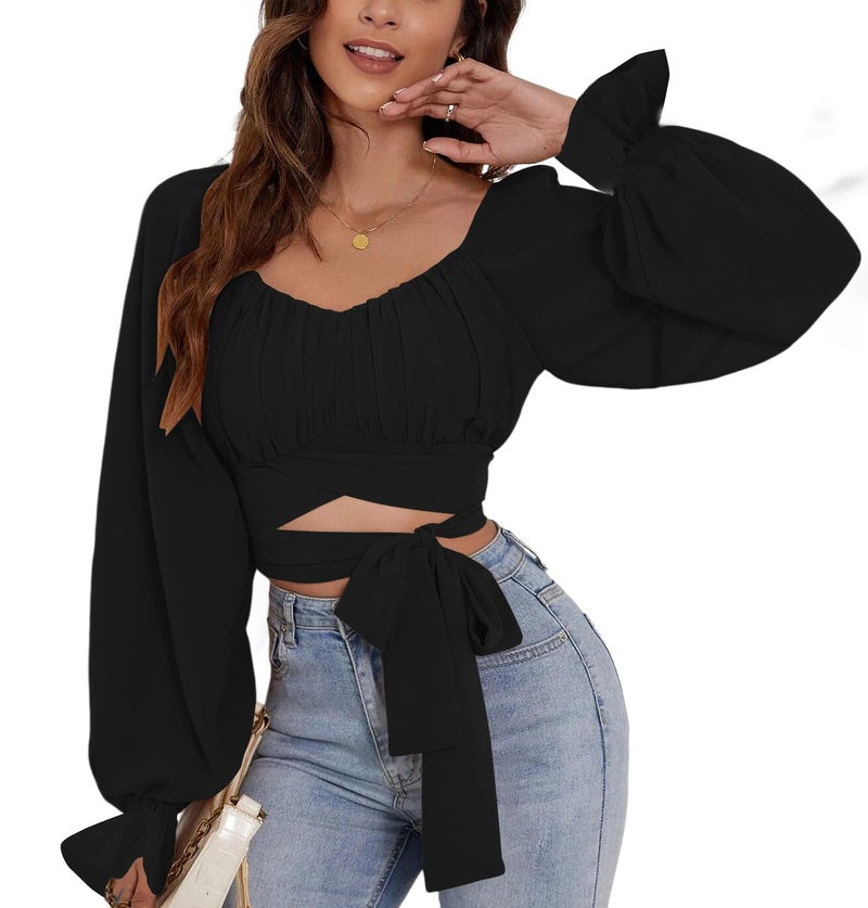 Rooscier Women's Ruched Wrap Square Neck Flounce Long Sleeve Self Tie Crop Top Blouse Solid Black Medium - Image 3