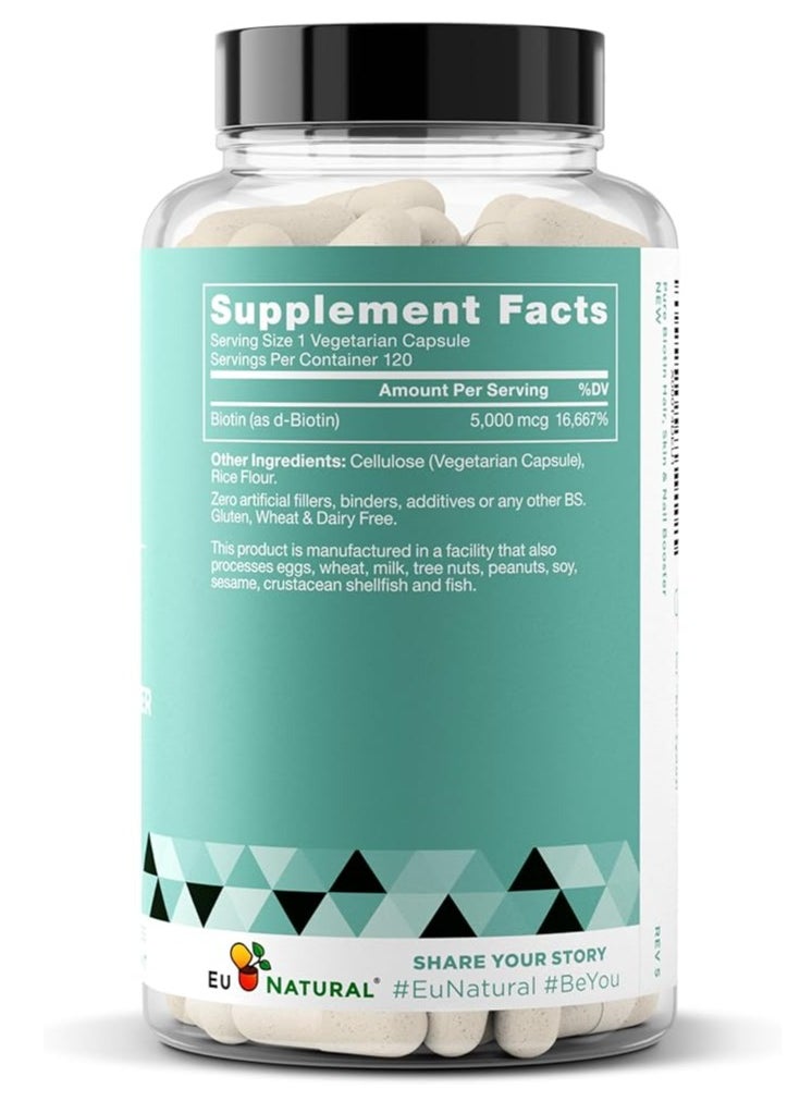Eu Natural Biotin 5000mcg -Healthier Hair Growth,Stronger Nails,Glowing Skin-120 Vegetarian Soft Capsules  - Image 2
