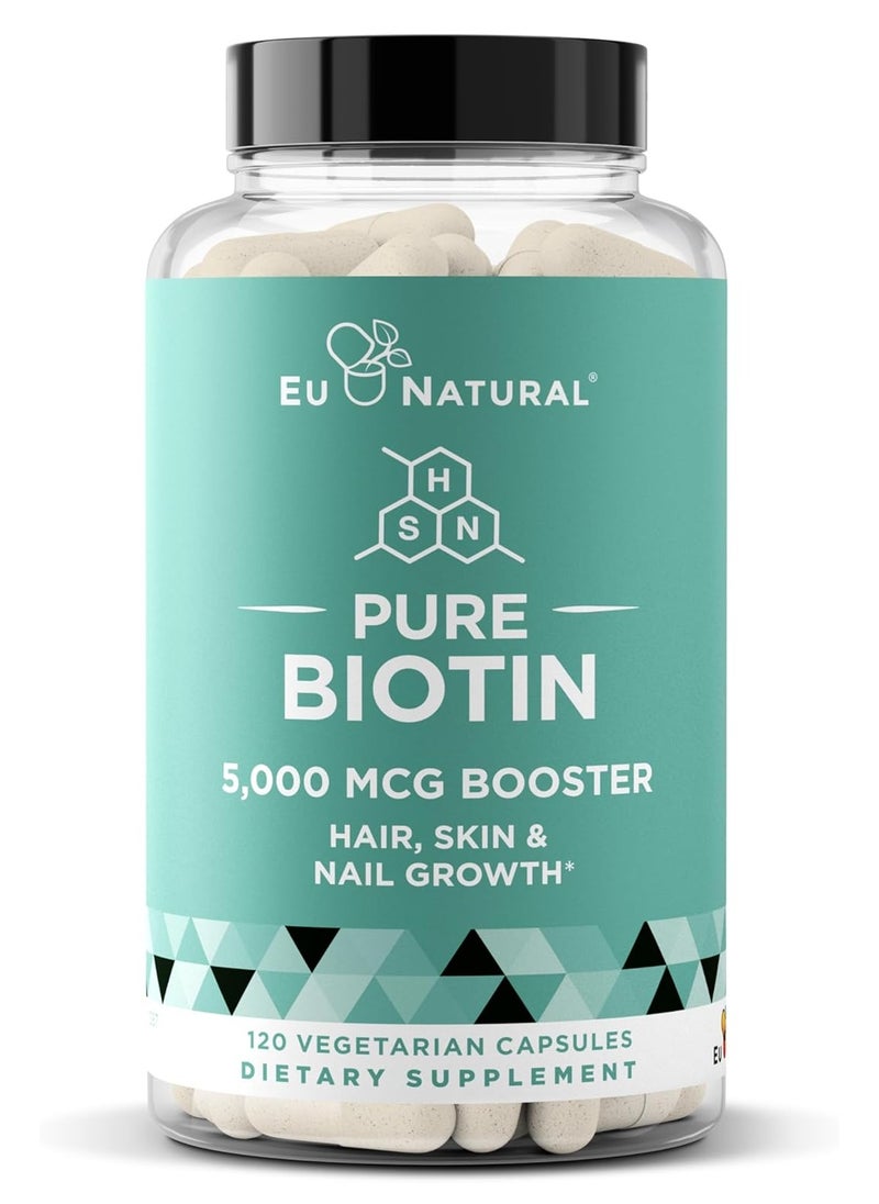 Eu Natural Biotin 5000mcg -Healthier Hair Growth,Stronger Nails,Glowing Skin-120 Vegetarian Soft Capsules  - Image 1