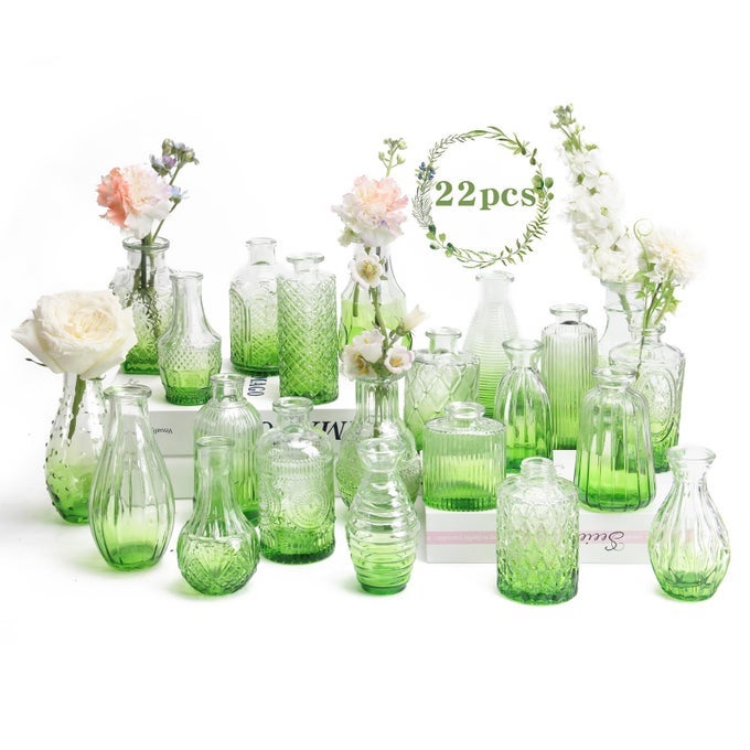 22 PACK BUD VASE IN BULK GREEN FLOWER VASES FOR WEDDING DECORATIONS GLASS VASE FOR TABLE DECORATIONS SMALL VASE FOR HOME MOTHERS DAY CENTERPIECES PARTY OFFICEGREEN GRADIENT