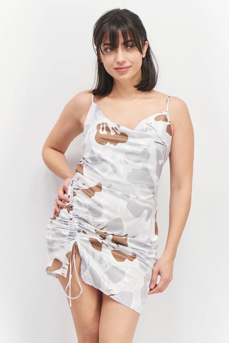 Ei8th Hour Women Sleeveless Printed Ruched Mini Dress, Light Grey Combo - Image 1