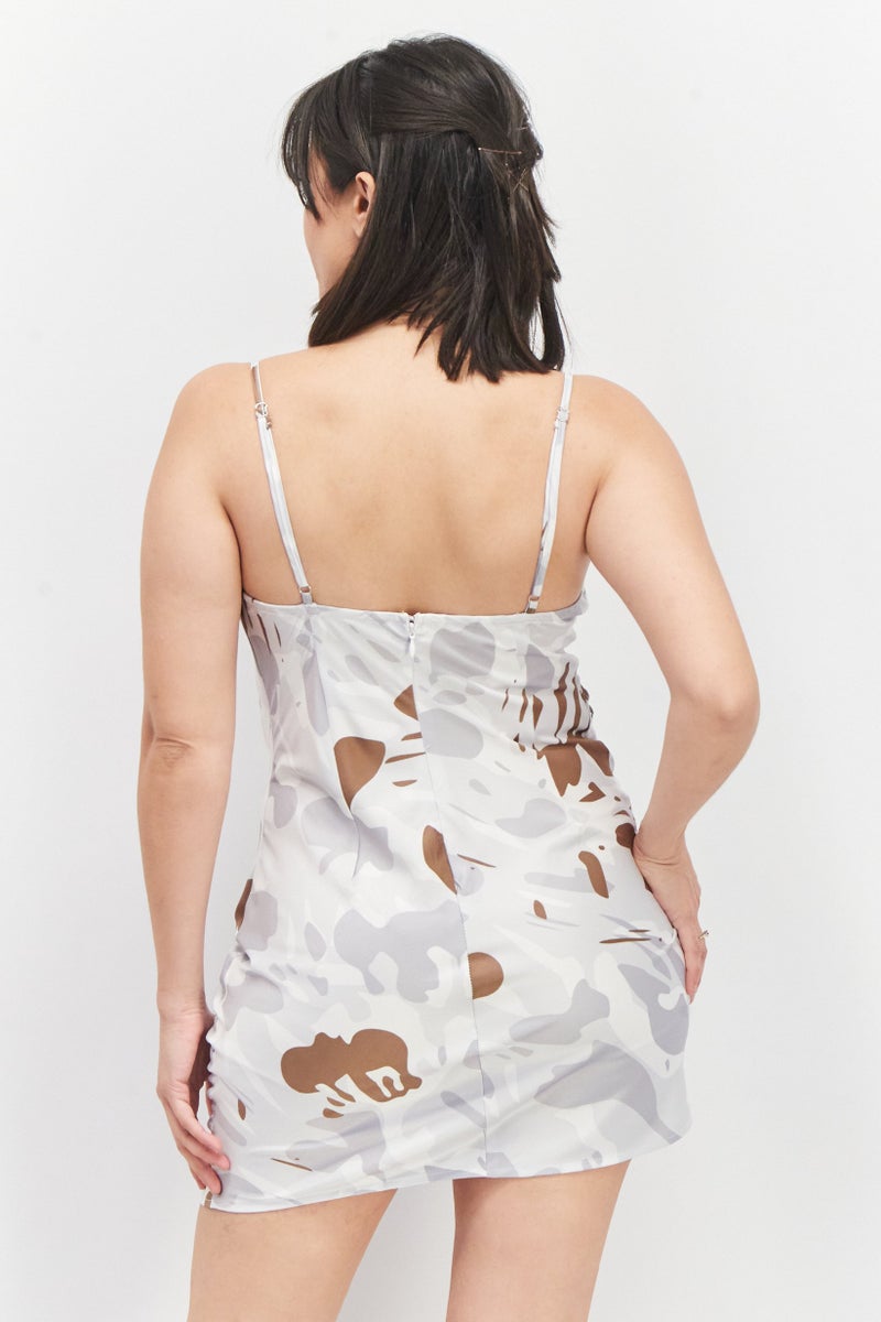 Ei8th Hour Women Sleeveless Printed Ruched Mini Dress, Light Grey Combo - Image 2