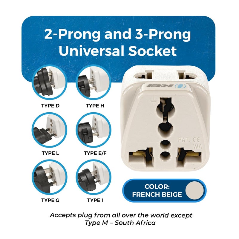 OREI Orei European Plug Adapter India to Europe Russia Turkey More Type C 2 in 1 Perfect for Laptop Camera Charger and More CE RoHS 2 Pack Beige 5 Years Warranty  - Image 3