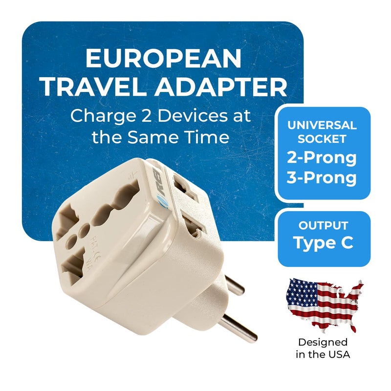 OREI Orei European Plug Adapter India to Europe Russia Turkey More Type C 2 in 1 Perfect for Laptop Camera Charger and More CE RoHS 2 Pack Beige 5 Years Warranty  - Image 2