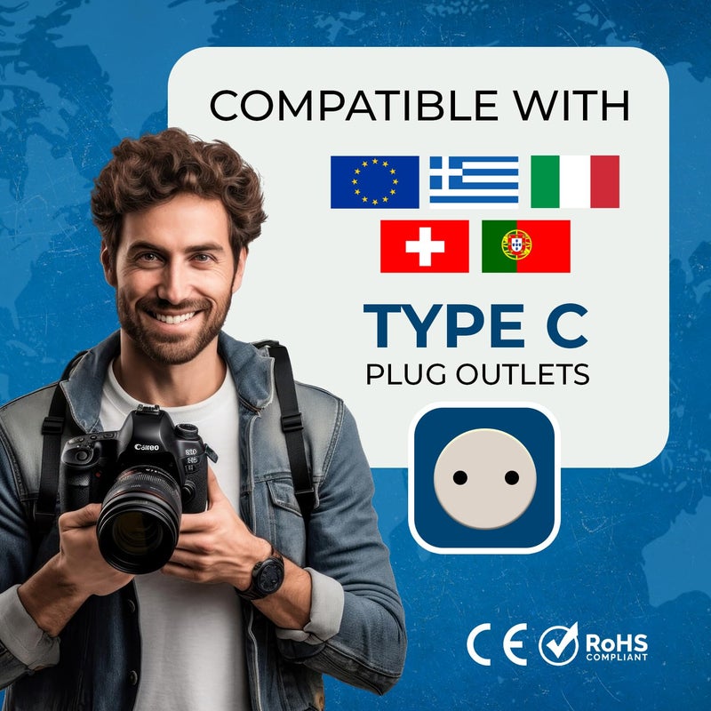 OREI Orei European Plug Adapter India to Europe Russia Turkey More Type C 2 in 1 Perfect for Laptop Camera Charger and More CE RoHS 2 Pack Beige 5 Years Warranty  - Image 5