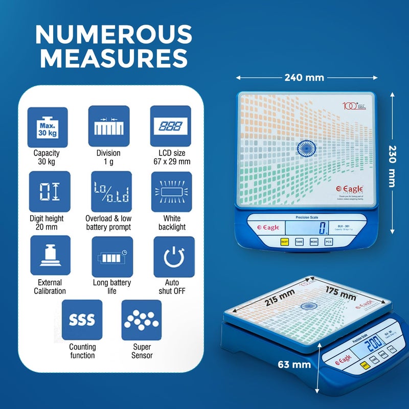 Eagle Digital Kitchen Weighing & Counting Scale with 30 kg Capacity and 1 g accuracy for Retail Shops, Kirana Stores, High Precision Weight Machine with Tare function, Counting (Blue, DLX-301) - Image 2
