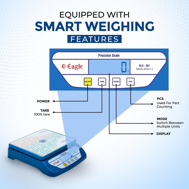 Eagle Digital Kitchen Weighing & Counting Scale with 30 kg Capacity and 1 g accuracy for Retail Shops, Kirana Stores, High Precision Weight Machine with Tare function, Counting (Blue, DLX-301) - Image 5