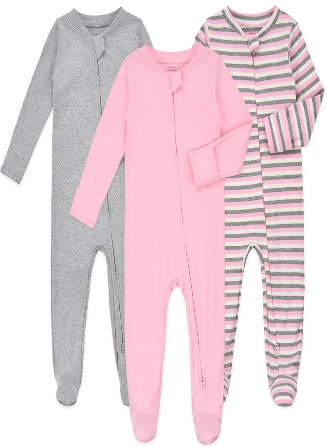 Aablexema Baby Footie Pajamas with Mittens - 3Pcs Infant Footed Sleeper Cotton Sleepwear Outfits(Pink/Grey/Stripe,Newborn) - Image 1