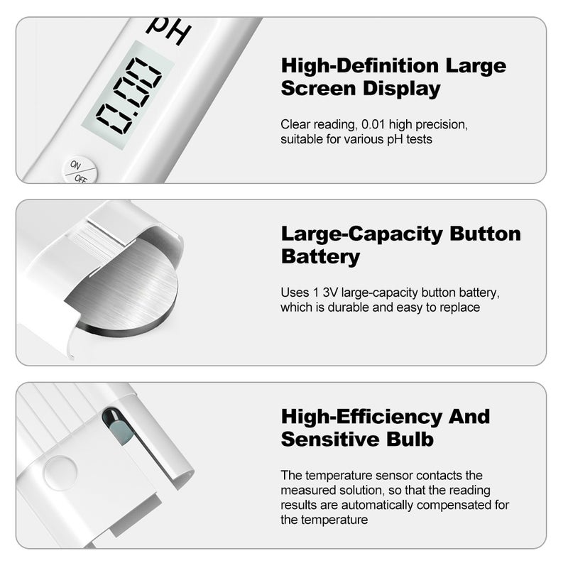 PH Meter Acidimeter Tester LCD Display Digital Acidity Meter Multifunction PH Meter Water Quality Testing Meter Measurement Range 0.00~14.00PH Portable High Precision Automatic Calibration Tester Pen - Image 4