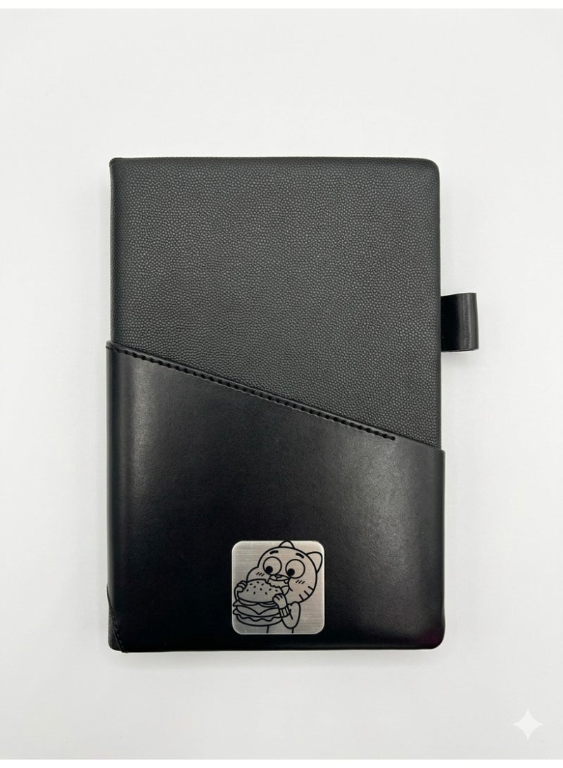 Black Leather Notebook with Gumball-Inspired Cartoon Design – Stylish Daily Journal for School & Work Use - Image 1