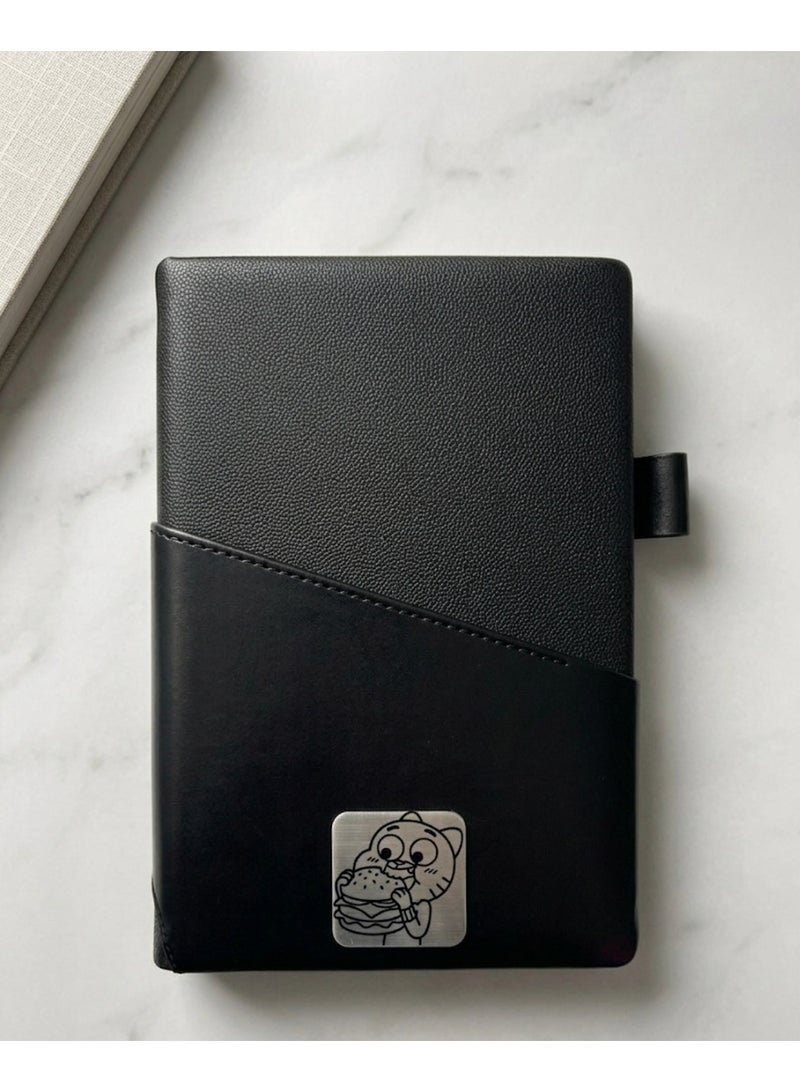 Black Leather Notebook with Gumball-Inspired Cartoon Design – Stylish Daily Journal for School & Work Use - Image 3