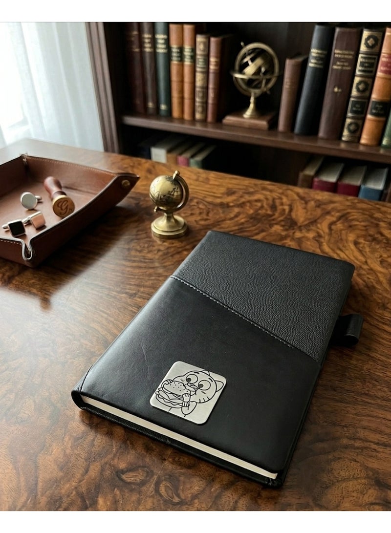 Black Leather Notebook with Gumball-Inspired Cartoon Design – Stylish Daily Journal for School & Work Use - Image 2