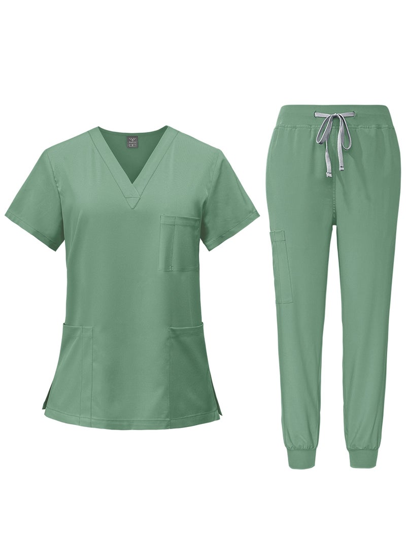 NiaaHinn Men Women's Medical Scrubs Set V-neck Top & Tapered Leg Jogger Pants with Drawstring Medical Nurse Uniform for Hospital Scrub Suit Uniforms for Summer (Green) - Image 1
