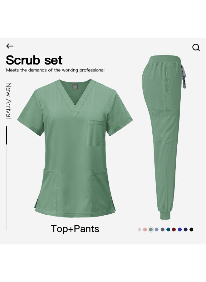 NiaaHinn Men Women's Medical Scrubs Set V-neck Top & Tapered Leg Jogger Pants with Drawstring Medical Nurse Uniform for Hospital Scrub Suit Uniforms for Summer (Green) - Image 5
