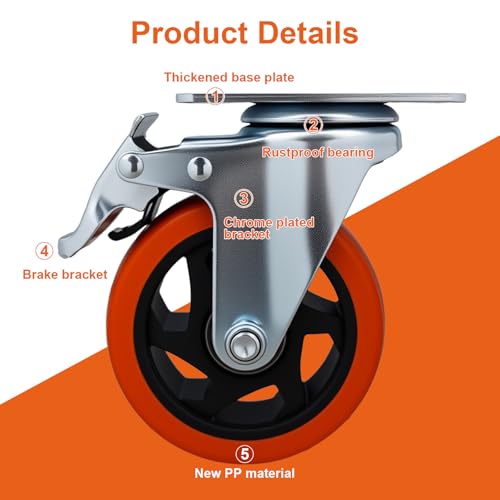 Htudcoue 6 Pcs 4 Inch Heavy Duty Casters,with Brake and Swivel Locking,6 casters Load Capacity 3300 lbs, for Furniture, Workbenches, Carts, Etc. - Image 3