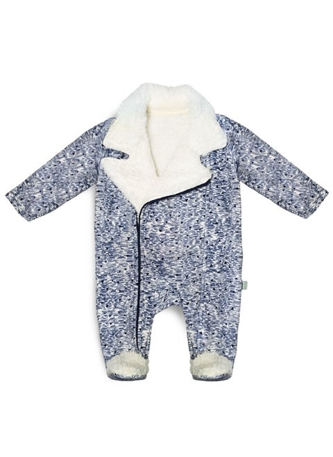 Baby jumpsuit with a collar, lined with fur on the inside, and a side zipper