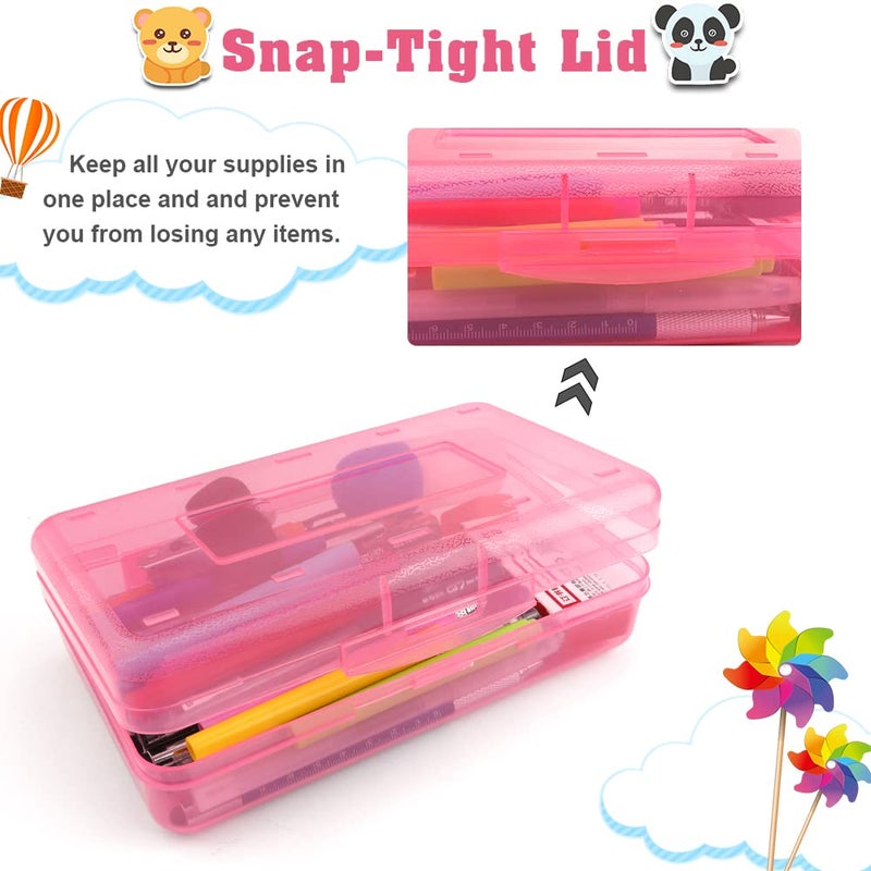 BOEIAC Pencil Box, Large Capacity Clear Pencil Case, 1 Pack Hard Pencil Case, Clear Crayon Box with Snap-tight Lid Stackable Design, Plastic Storage Box for Office Supplies, Pink - Image 5