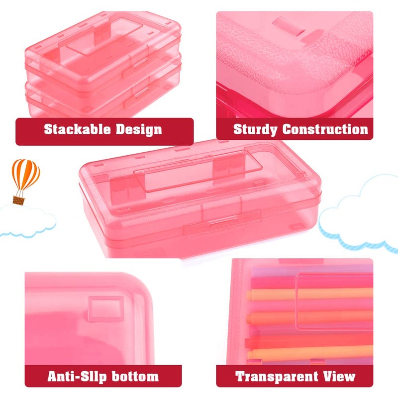 BOEIAC Pencil Box, Large Capacity Clear Pencil Case, 1 Pack Hard Pencil Case, Clear Crayon Box with Snap-tight Lid Stackable Design, Plastic Storage Box for Office Supplies, Pink - Image 4