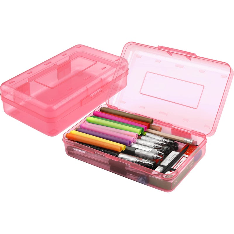 BOEIAC Pencil Box, Large Capacity Clear Pencil Case, 1 Pack Hard Pencil Case, Clear Crayon Box with Snap-tight Lid Stackable Design, Plastic Storage Box for Office Supplies, Pink - Image 1