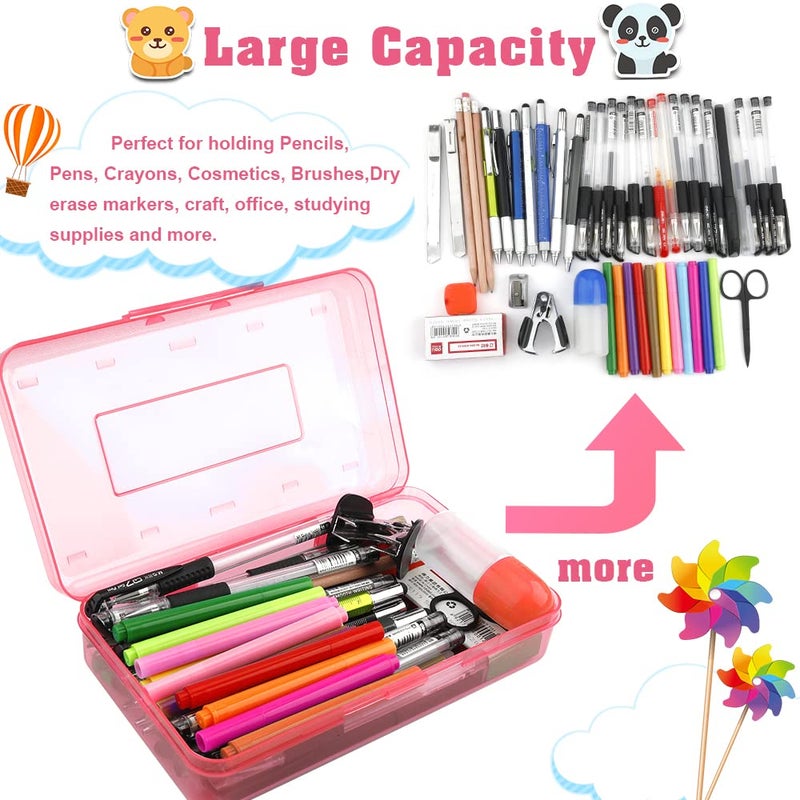 BOEIAC Pencil Box, Large Capacity Clear Pencil Case, 1 Pack Hard Pencil Case, Clear Crayon Box with Snap-tight Lid Stackable Design, Plastic Storage Box for Office Supplies, Pink - Image 3